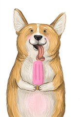 Cute corgi dog licking pink ice cream isolated 