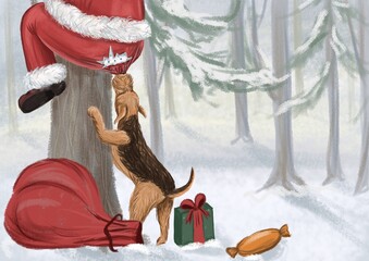 Airedale terrier dog catching Santa claus cute illustration 