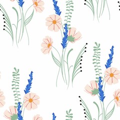 Spring bouquets on the white background. Seamless pattern with delicate flowers. Wild flowers, lavander and herbs. 