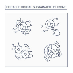 Digital sustainability line icons set. Sustainable lifestyles, green IT, operation. Planet protection.Digitalization concept.Isolated vector illustrations.Editable stroke