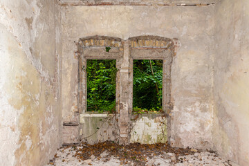 Aleksa Santic, Serbia - June 06, 2021: The abandoned Fernbach Castle, also known as Baba Pusta, was built in 1906 by Karol Fernbach for his own needs.