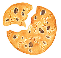 Chocolate chip cookie watercolor illustration. Hand illustration isolated on white background. Food, dessert, flour.