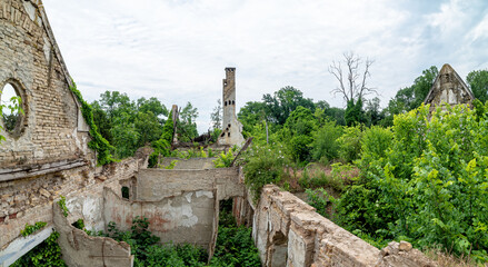 Aleksa Santic, Serbia - June 06, 2021: The abandoned Fernbach Castle, also known as Baba Pusta, was built in 1906 by Karol Fernbach for his own needs. - obrazy, fototapety, plakaty