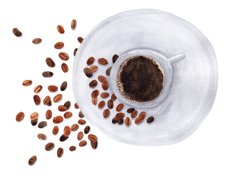 A cup of coffee on a saucer. Americano, cappuccino, latte. Scattered grains, a mess. Isolated on a white background. Watercolor illustration.