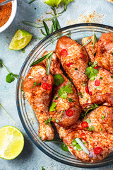 Chicken Legs Drumstick Preparation for BBQ Grill. Marinating Food in SPices