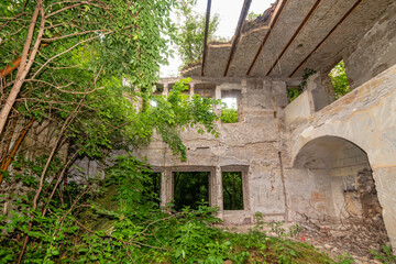 Aleksa Santic, Serbia - June 06, 2021: The abandoned Fernbach Castle, also known as Baba Pusta, was built in 1906 by Karol Fernbach for his own needs.