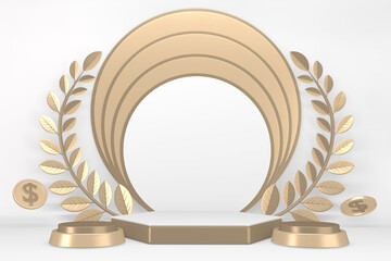 Victory  golden podium winner on white background minimal design. 3D rendering