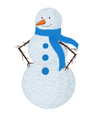 A snowman of three balls with arms-branches, in a blue scarf and blue buttons. Carrot. New year, christmas, winter. Digital illustration isolated on white background.