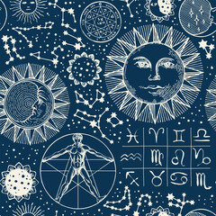 Seamless pattern with zodiac signs, horoscope symbols, moon, sun, stars, constellations and human figure like Vitruvian man on dark blue backdrop. Hand-drawn vector background in retro style