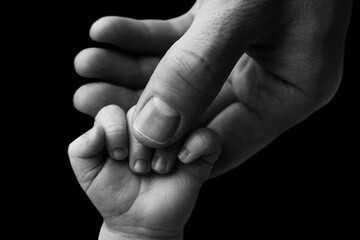 Father holding newborn baby's fingersnewborn . Hand of a newborn baby. Hands of parents and baby closeup. Black studio background. Black and white photo. 