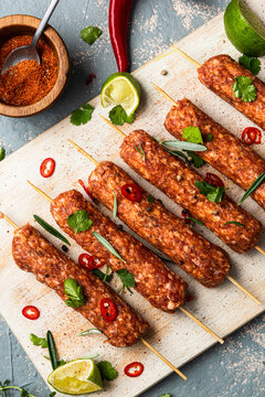 Lamb or Beef Shshlik or Shish Kebab Prepared for BBQ Grill. Top View