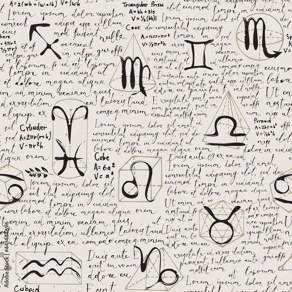 Poster abstract seamless pattern with zodiac signs, black handwritten text lorem ipsum and hand-drawn geome