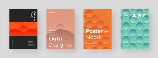 Abstract set Placards, Posters, Flyers, Banner Designs. Colorful illustration on vertical A4 format. 3d geometric shapes. Decorative neumorphism backdrop.