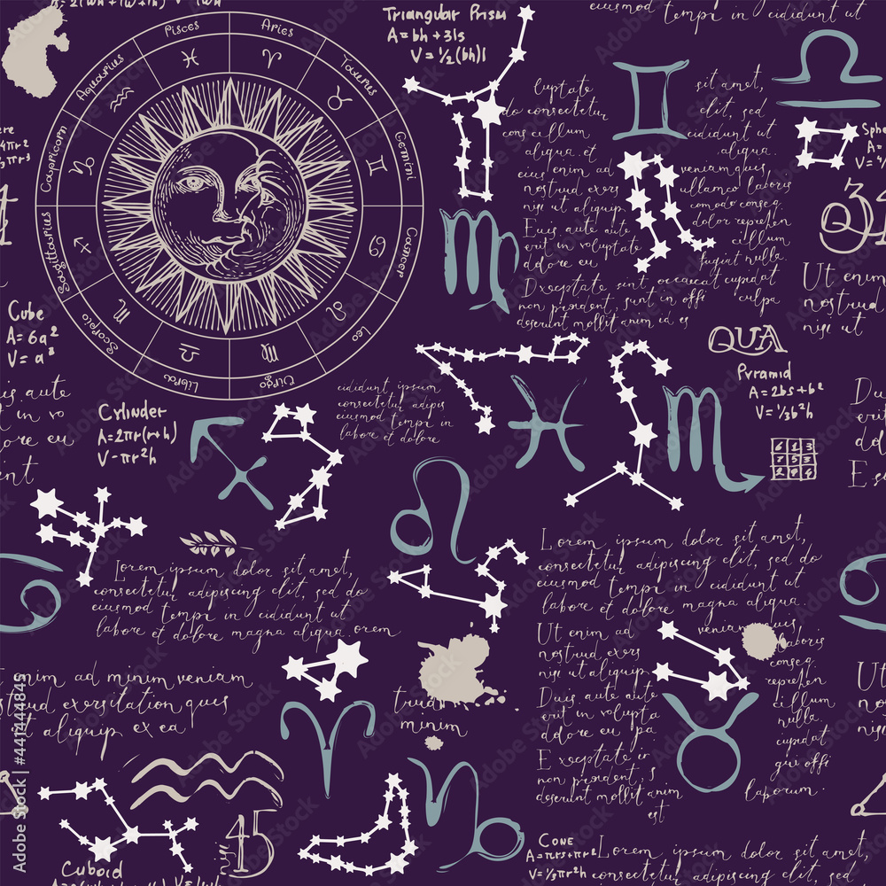 Poster abstract seamless pattern on theme of zodiac and horoscopes in retro style on dark backdrop. vector 