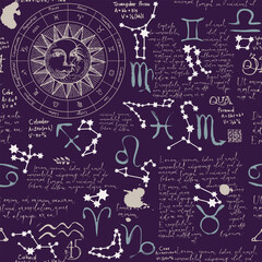 Abstract seamless pattern on theme of zodiac and horoscopes in retro style on dark backdrop. Vector background with hand-drawn zodiac circle, handwritten text Lorem ipsum, sun, moon and constellations