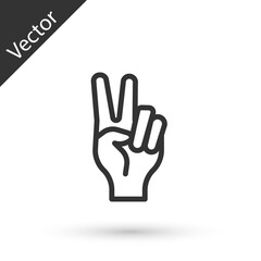 Grey line Hand showing two finger icon isolated on white background. Hand gesture V sign for victory or peace. Vector