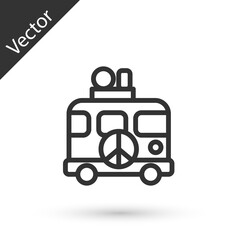 Grey line Hippie camper van icon isolated on white background. Travel by vintage bus. Tourism, summer holiday. Vector