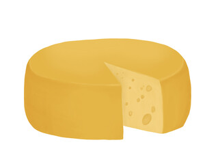 Cheese with holes is a piece of dairy product. Food, meyu, restaurant, cooking. Digital illustration isolated on a white background.