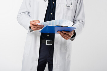 Cropped view of doctor holding clipboard isolated on grey