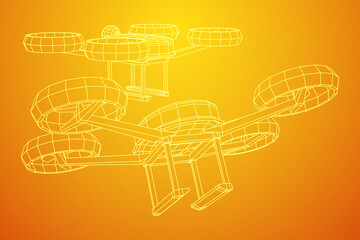 Drone flying with action video camera. Wireframe low poly mesh vector illustration