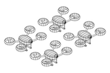 Drone flying with action video camera. Wireframe low poly mesh vector illustration