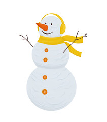 Digital illustration. Snowman from three balls in headphones and a scarf. Winter, new year, snowy, christmas. Isolated on a white background.