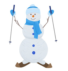 Digital illustration. Snowman of three balls in a hat, scarf, ski poles for skiing. Winter, new year, snowy, christmas. Isolated on a white background.