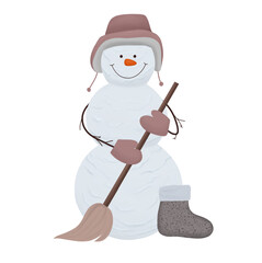 Digital illustration. Snowman of three balls in a hat, mittens with a broom. Winter, new year, snowy, christmas. Isolated on a white background.