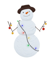 Digital illustration. Snowman made of three balls wearing hat, garland and Christmas balls. Winter, new year, snowy, christmas. Isolated on a white background.