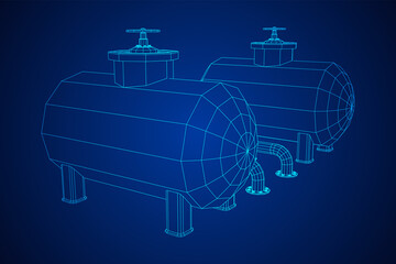 Oil tank storage of flammable materials and pipeline with valve. Finance economy polygonal petrol production. Petroleum fuel industry transportation line. Wireframe low poly mesh vector illustration.