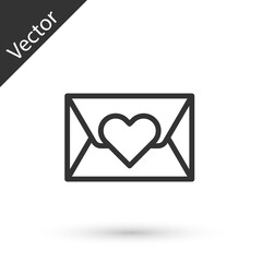 Naklejka premium Grey line Envelope with Valentine heart icon isolated on white background. Message love. Letter love and romance. Vector