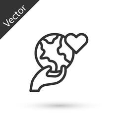 Grey line Human hand holding Earth globe icon isolated on white background. Save earth concept. Vector