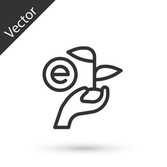 Grey line Leaf in hand of environmental protection icon isolated on white background. Seed and seedling. Planting sapling. Ecology concept. Vector