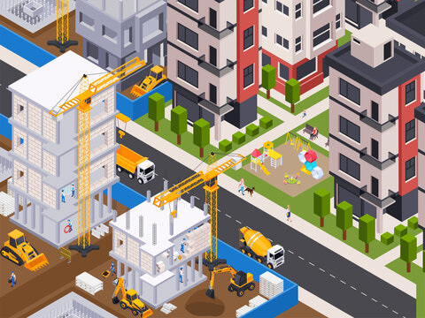 Construction In City Isometric Background