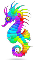An illustration in the style of a stained glass window with a bright seahorse, an animal isolated on a white background