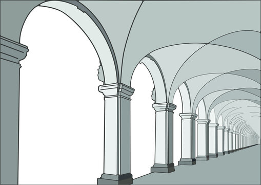 Baroque colonnade with columns and arcs, realistic vector picture
