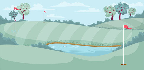 Landscape of the golf course. Green field, lake, and hills of golf club with flag and hole. Fairway, bunker, and water hazard. Colourful vector illustration. Cartoon style 