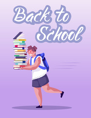 Cute girl running with stack of books and backpack to school. Bookworm. Schoolgirl. Back to school. Education. Reading. Colourful vector illustration. Cartoon style 
