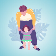 Father holding toddler hands that trying to walk. Cute baby girl taking first steps with help of dad. Colourful vector illustration. Cartoon style