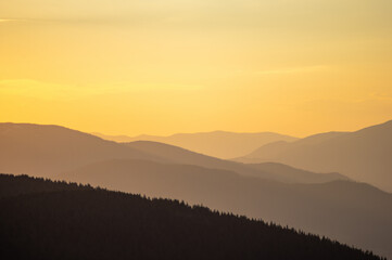 Naklejka na ściany i meble Beautiful orange sky during dusk in the carpathian mountains