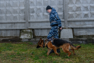 Female police officers with a trained dog. German shepherd police dog.