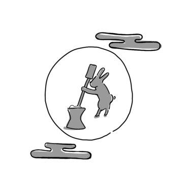 hand drawn illustration of the bunny pounding mochi in the moon