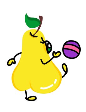 Cartoon cute kind yellow illustration of a pear with beautiful eyes kicking a ball. For a set of stickers, childrens events, recreation, leisure.