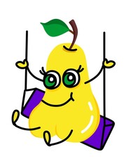 Cartoon cute kind yellow illustration of a pear with beautiful eyes swinging on a swing. For a set of stickers, childrens events, recreation, leisure.