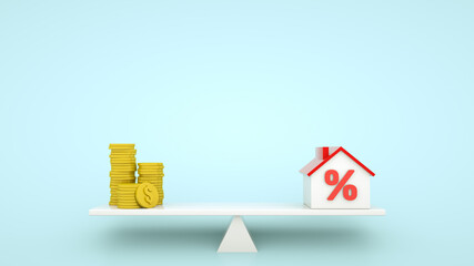 Mortgage concept idea. Balancing of coin stacks and house model with percent sign on the small seesaw. 3d rendering.