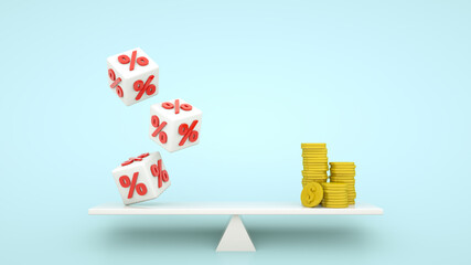 Mortgage or credit concept. Percent cubes and coin money stacks balancing. 3d rendering.