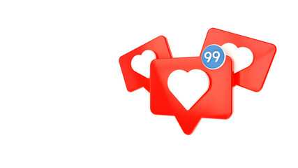 Social media like sign. White heart in a red bubble pin with like counter. Isolated on white with copy space. 3d rendering