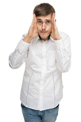 Young handsome tall slim white man with brown hair holding his head in white shirt isolated on white background