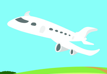 White Airplane Flying over City with a green park below and blue sky in background. Flight Vector Illustration. Pilot Flying Aircraft to Airport.