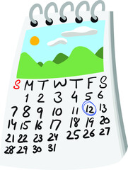 Cartoon style travel Calendar with date circled and travel picture on top. Landscape Picture with hills and sky and sun. Isolated Vector Clipart.